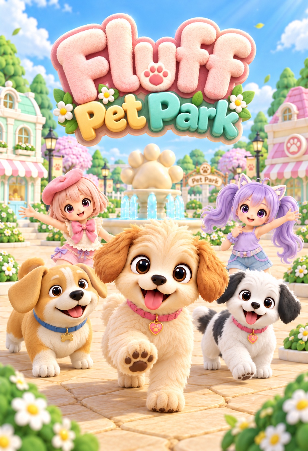 Fluff Pet Park’s approved poster: Wren and August welcome Golden, Spotty, and blue-collared Biscuit beneath the plush game title.