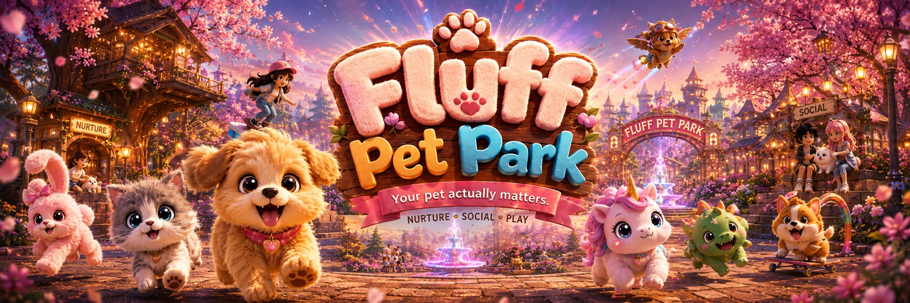 Fluff Pet Park — your pet actually matters. Nurture · Social · Play.